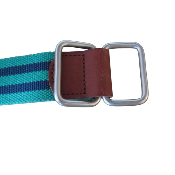Nordstrom 1901 Mens Navy Blue Green Striped Ribbon Belt Size Large Double D Ring - Picture 5 of 8